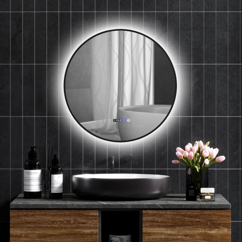 HOMCOM Miroir de salle de bain rond avec éclairage LED, intensité variable, fonction anti-buée, interrupteur tactile, noir