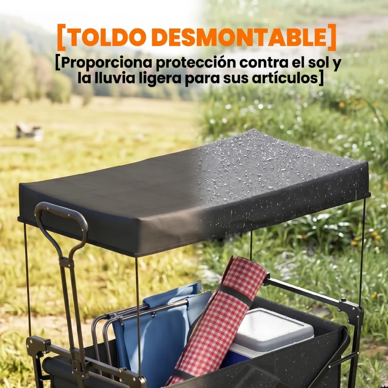 Outsunny Carro Plegable con Toldo Desmontable Longitud y Ángulo del Mango Ajustables y Bolsa de Transporte Carga 100 kg Negro