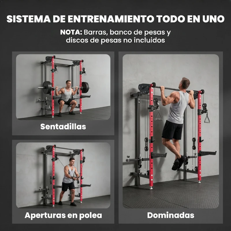 SPORTNOW Jaula de Potencia Plegable Rack para Sentadillas con Barra de Dominadas Sistema de Poleas Carga 700 kg Rojo