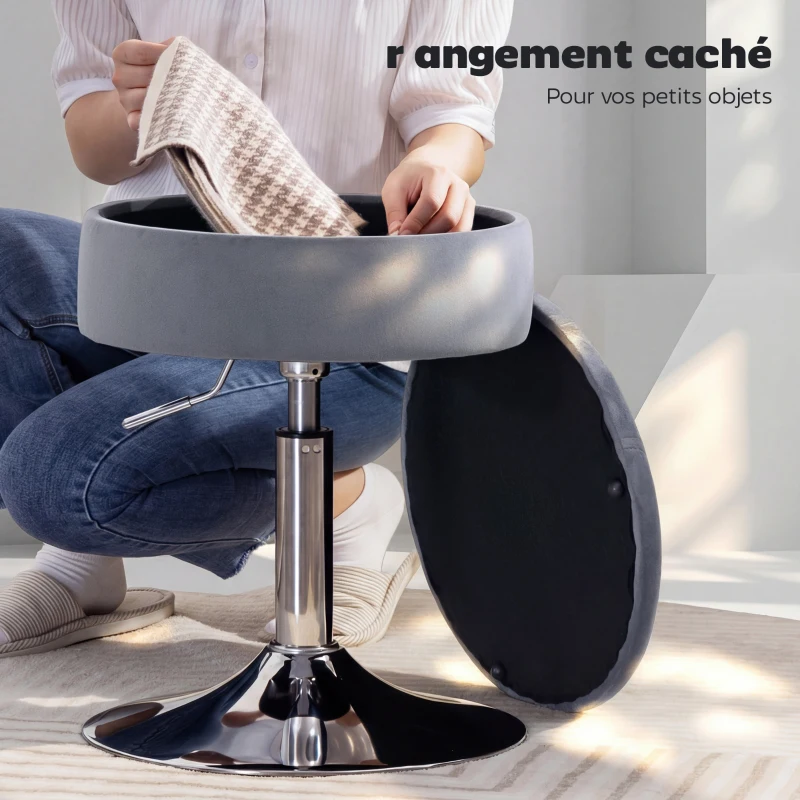 HOMCOM Tabouret de coiffeuse en velours, tabouret de maquillage pivotant avec rangement, hauteur réglable de 49-65 cm, gris