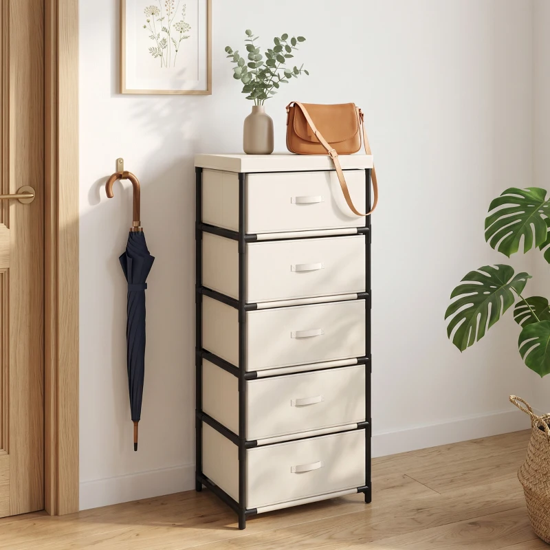 HOMCOM Commode de chambre avec 5 tiroirs en tissu, cadre en acier, commode pour salon, bureau, dressing, beige