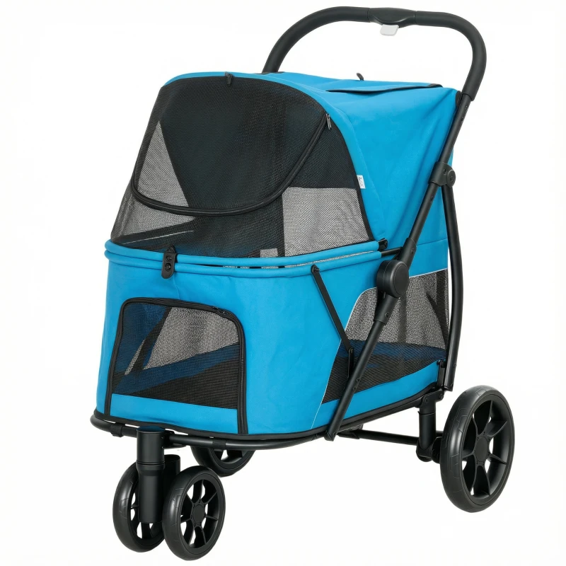 PawHut Carrito para Perros Plegable con 3 Ruedas Ventanas de Malla Cojín Lavable Todo Terreno Carga 20 kg 92x63x95 cm Azul