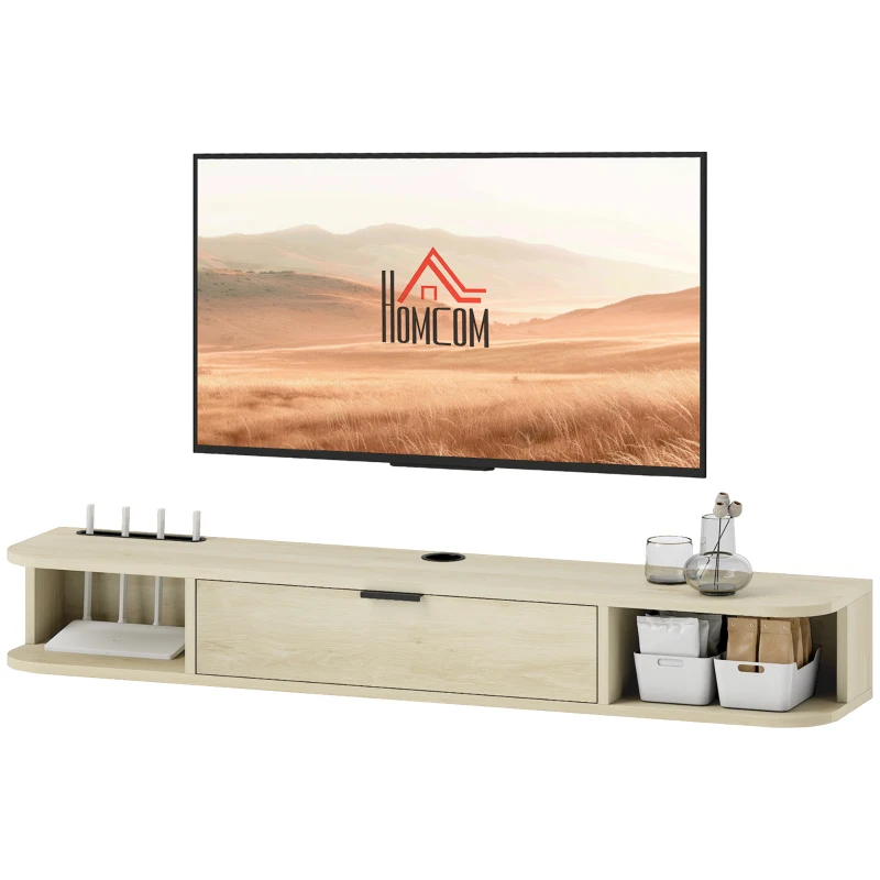 HOMCOM Meuble TV suspendu, meuble télé pour téléviseur jusqu'à 50 pouces, tiroir rabattable 2 étagères 120x24x16cm bois naturel