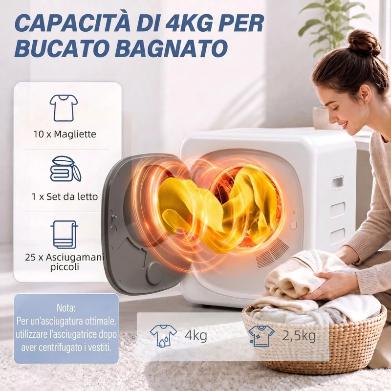 HOMCOM Mini Asciugatrice Portatile 2.5 kg, 5 Programmi, 800W, Fino 60℃, Timer, Tamburo in Acciaio Inox, per Casa, Bianco