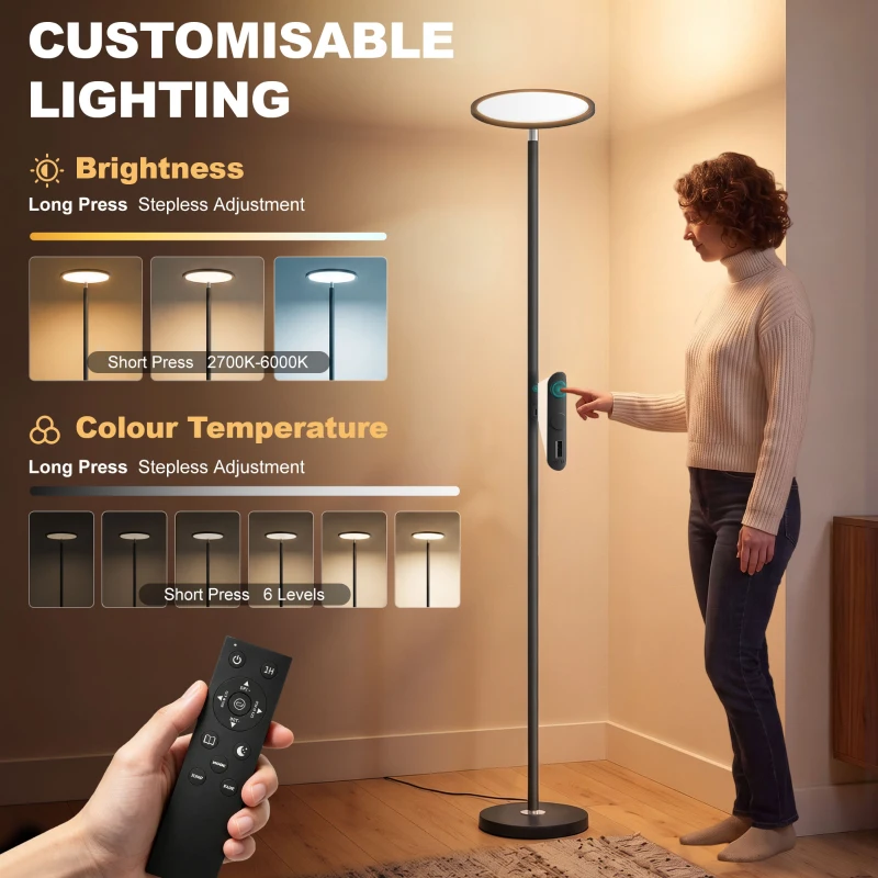 HOMCOM Uplighter Floor Lamp with Tuya App and Music Sync, Standing Lamp with Adjustable Head for Living Room Bedroom, Black