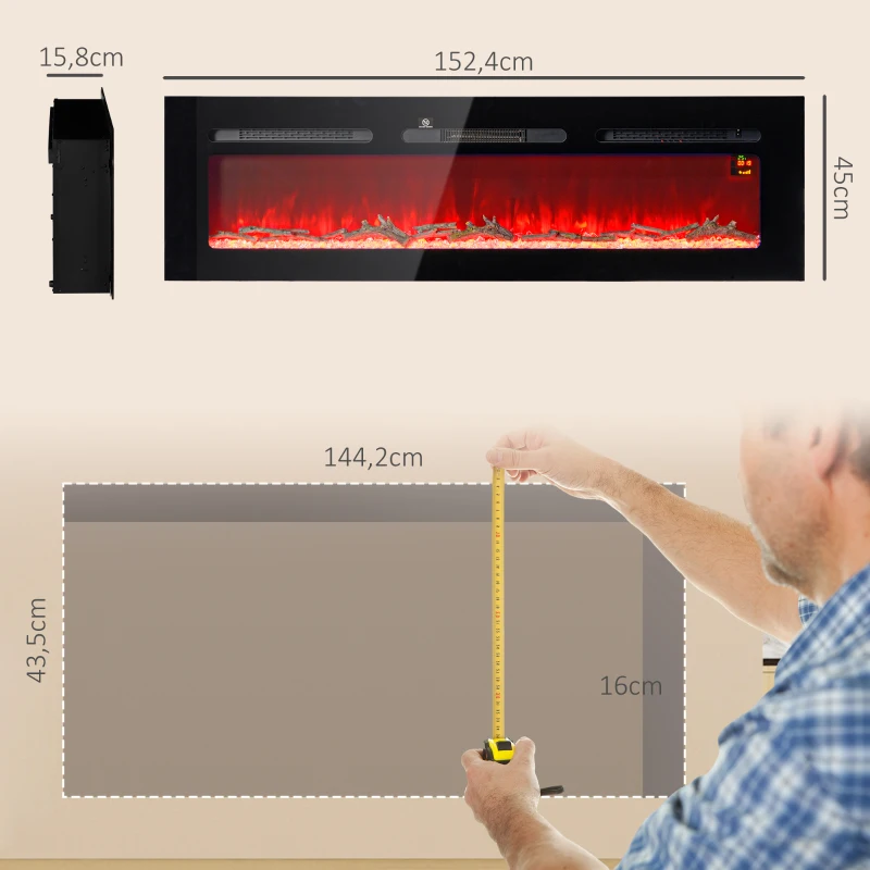 HOMCOM Elektrischer Kamin mit Wandhalterung und Fernbedienung, künstliche Holzscheite und Kristalle, 1800W Leistung, Schwarz
