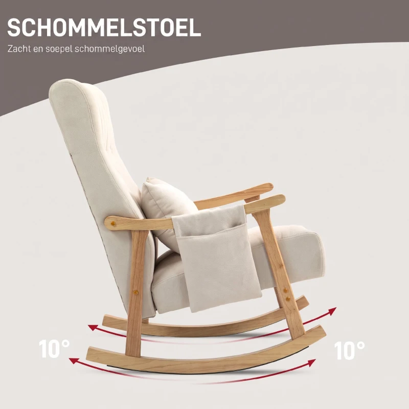 HOMCOM Schommelstoel babykamer Comfortabele Kleine Babywieger Brede Zit Lendekussen Beukenframe Nacht Beige(m-4)