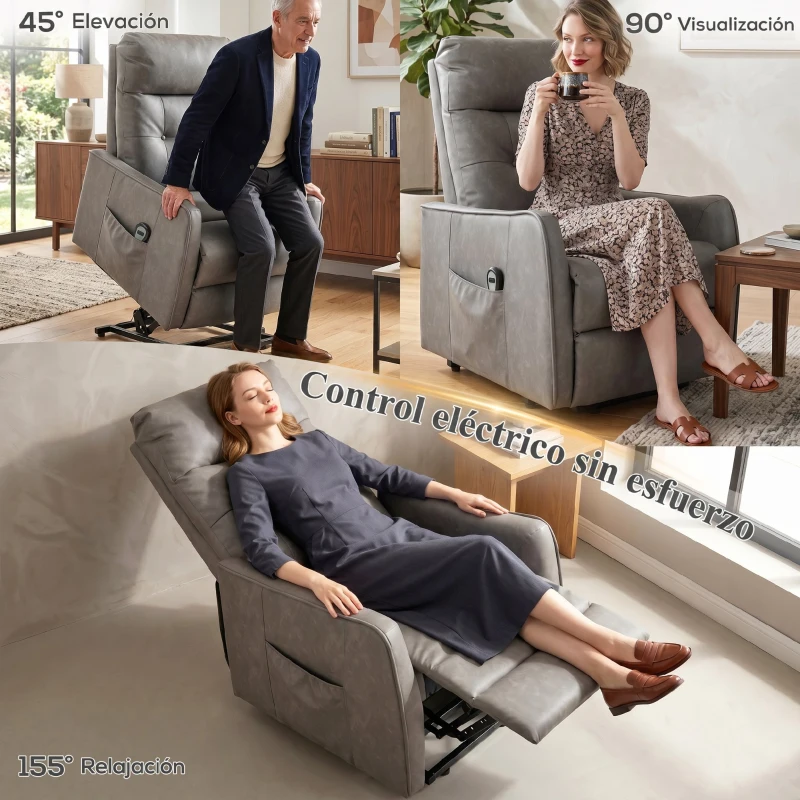 HOMCOM Sillón Relax Reclinable Eléctrico Levanta Personas de Cuero PU Control Remoto Asiento con Resorte Reposapiés Gris