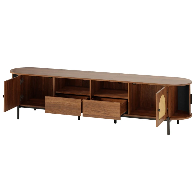 Space-Saving TV Stand with 2 Sliding Doors and 2 Drawers, Stylish TV Cabinet with Rattan Doors and Metal legs, 200L x 40W x 50H cm, Walnut