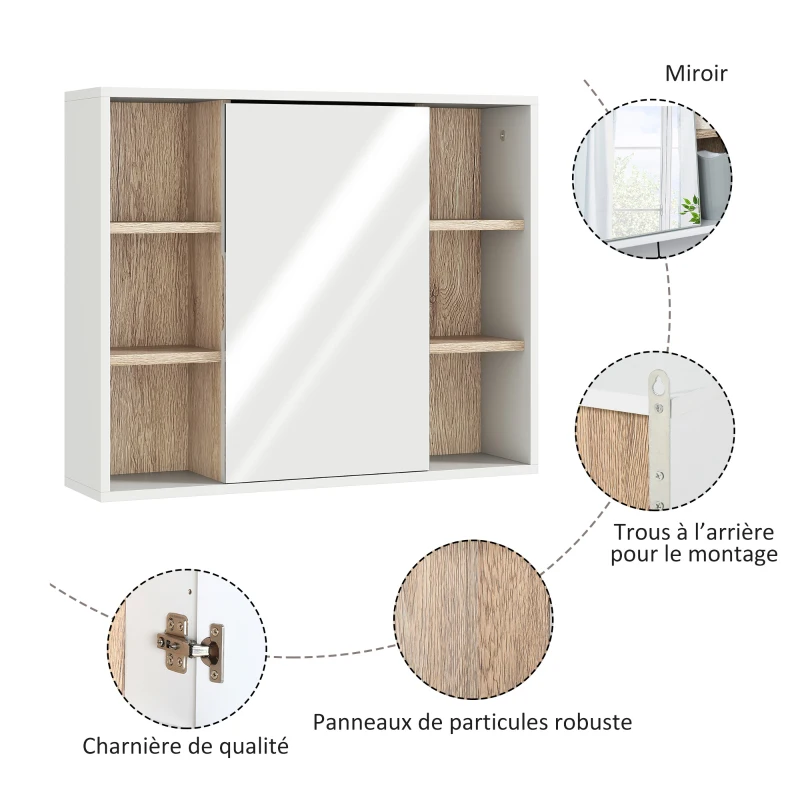 HOMCOM Armoire murale, meuble salle de bain avec miroir, miroir salle de bain avec rangement, placard à portes et 6 compartiments ouverts, 60 x 14,5 x 49,4 cm, blanc