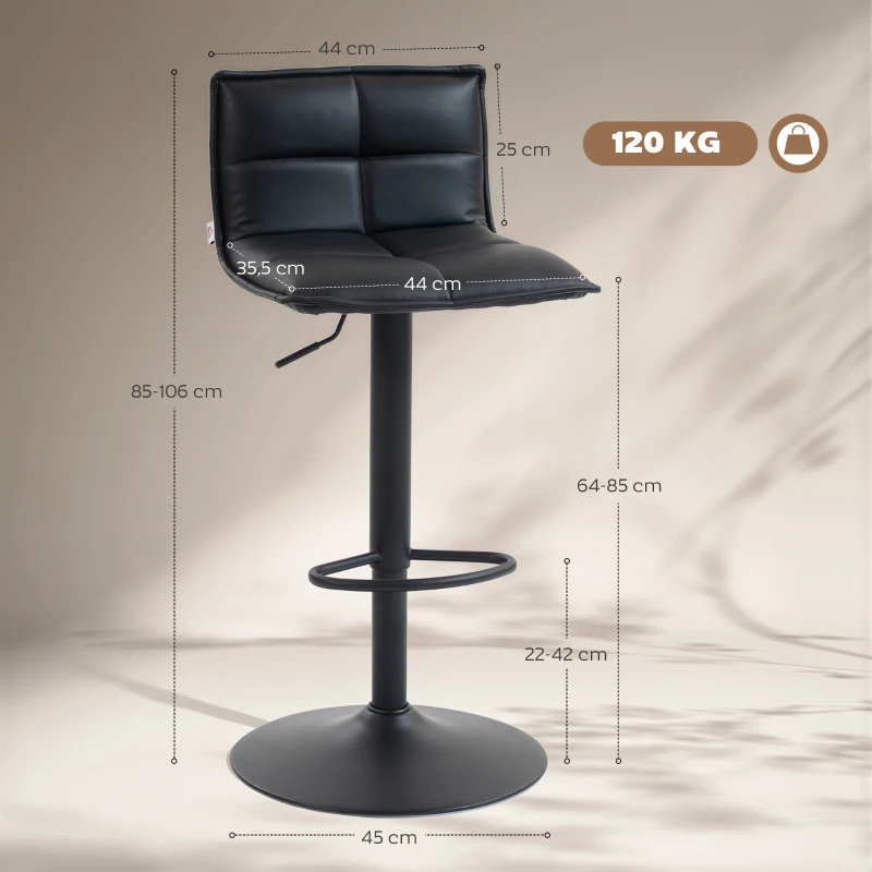 HOMCOM Lot de 2 tabourets de bar, chaises de bar réglable en hauteur avec assise pivotant en PU 44 x 45 x 85-106 cm noir
