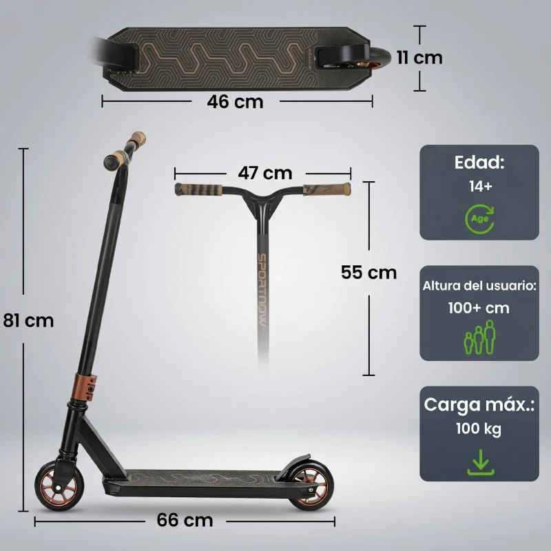 SPORTNOW Scooter Acrobático para Trucos Patinete Freestyle con Rodamientos ABEC-9 Ruedas 120 mm Giro 360° para Skatepark Dorado