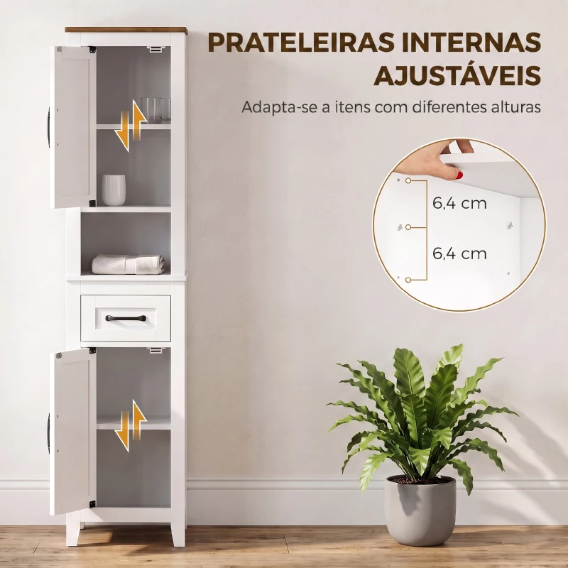 HOMCOM Armário Alto e Estreito Rústico para Casa de Banho com Gaveta, Prateleira Aberta, Portas e Prateleiras Ajustáveis 34,5x30x148 cm Branco