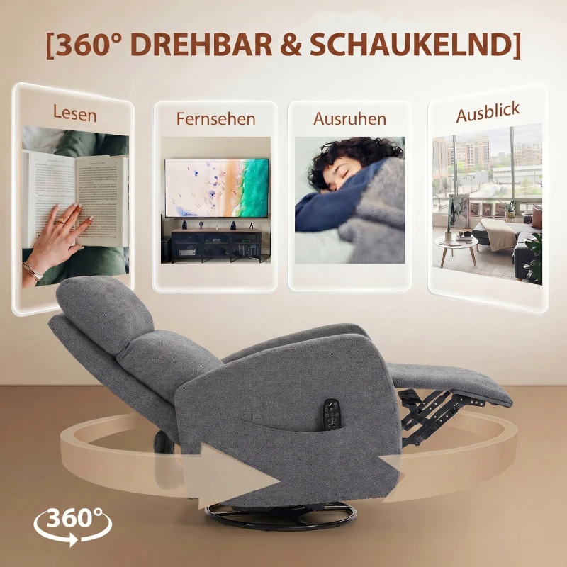 HOMCOM Relaxsessel Drehbarer Fernsehsessel mit Wärme und Vibrationsmassage, Liegefunktion, Wippfunktion Dunkelgrau
