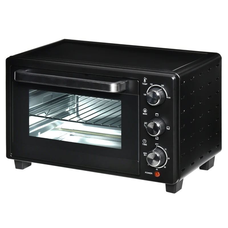 HOMCOM Minibackofen, 21 L Toasterofen mit 1 Drahtgestell und 1 Backblech, 3 Kochmodi, 100 °C-230 °C, Edelstahl, Glas, Schwarz