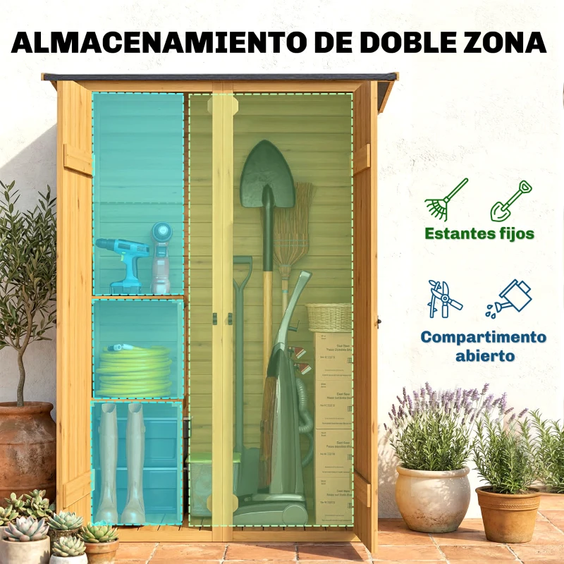 Outsunny Caseta de Jardín de Madera 115x53x156 cm Armario para Herramientas con Puertas Dobles y Estantes Techo Inclinado Marrón