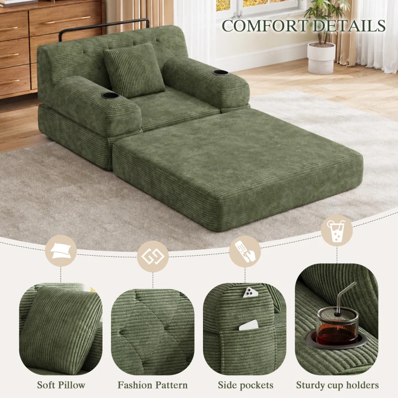 1-Seater Sleeper Sofa with Metal Frame and High-Density Foam, Single Convertible Chair Bed for Cosy Interiors, 107L x 80W x 81H cm, Green