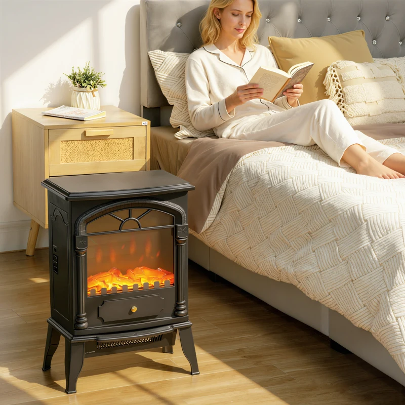 HOMCOM Electric Fireplace Stove Heater with 3D Flame Effect, 2000W/1000W, Freestanding Portable Fireplace with Adjustable Thermostat, 2 Heat Settings for Living Room, Black