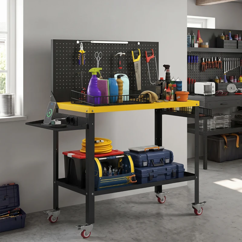 HOMCOM Banco de Trabajo con Panel Perforado Mesa de Trabajo con Enchufes Luz LED Ruedas Marco de Metal Negro y Amarillo