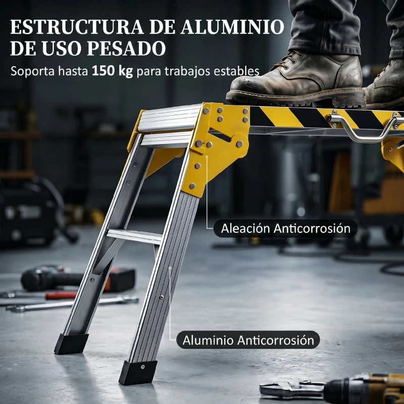 HOMCOM Banco de Trabajo Antideslizante Soporte de Herramientas Plegable de Aluminio con Asa 150 kg 110x32x50 cm Negro