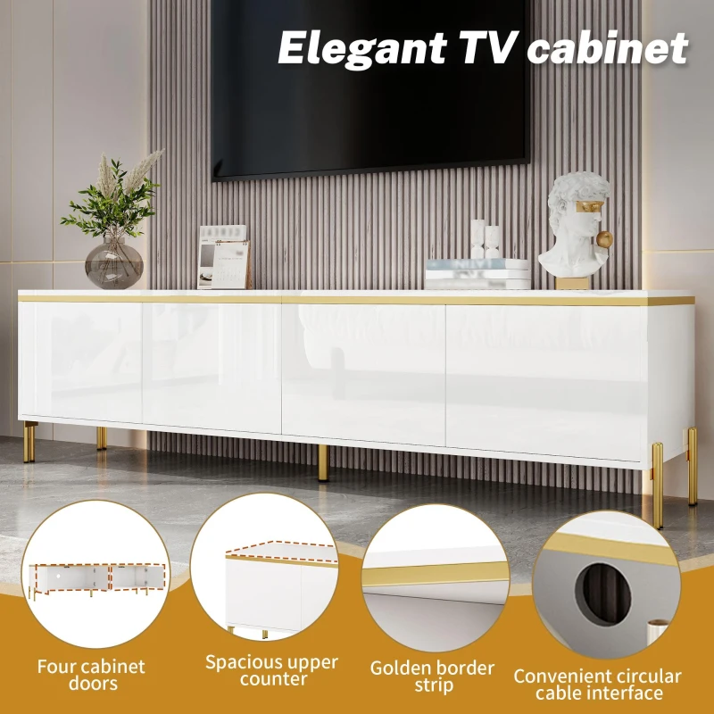 Spacious TV Stand with 4-Door Storage, Functional TV Cabinet for Modern and Italian Minimalist Living Rooms, 170L x 38W x 50H cm, White