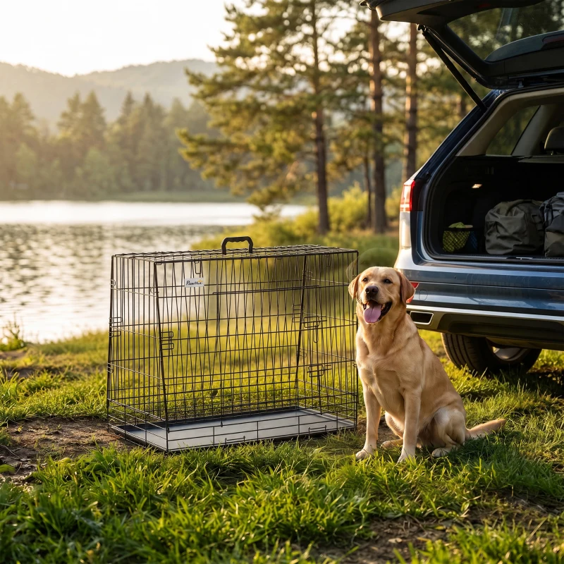 PawHut 35"(90 cm) Car Dog Crate Medium Large Collapsible Slanted Travel Dog Cage with Tray for Car Boot