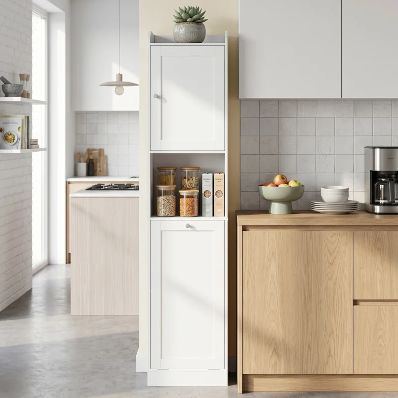 HOMCOM Armario Alto de Baño con Cesto Ropa Sucia con Compartimentos Abiertos y Estantes Ajustables 40x30x170 cm Blanco