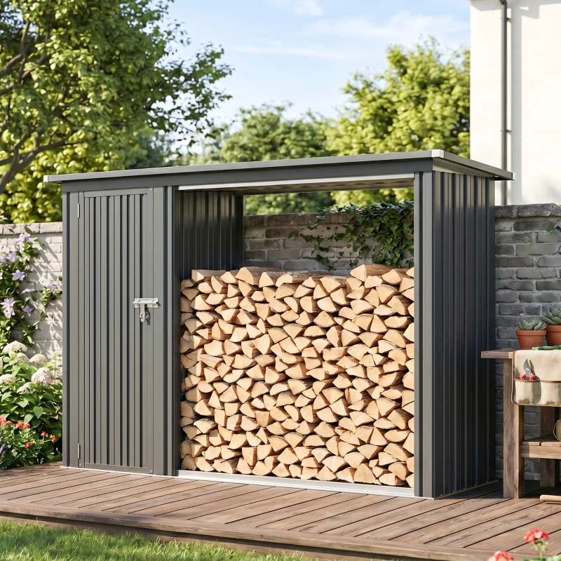 Outsunny 2-in-1 Kaminholzregal Außen verzinkter Stahl 235 x 67 x 149 cm Brennholzregal mit Geräteschrank Schrägdach Dunkelgrau