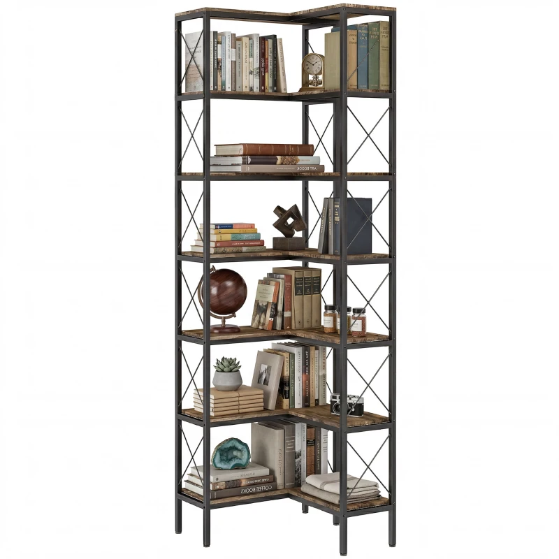 HOMCOM 6-stufiges L-förmiges Bücherregal, freistehendes Eckregal mit Metallrahmen, rustikal braun, 60 x 60 x 200 cm
