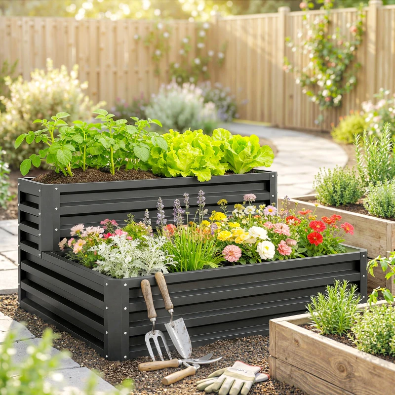 Outsunny Jardinera Exterior de Acero con Diseño de Escalera para Cultivos Plantas Flores 120x101x58 cm Gris Oscuro