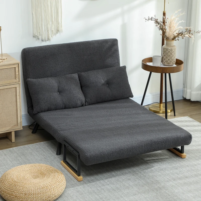 HOMCOM Schlafsofa 2er-Sofa mit Schlaffunktion, inkl. 2 Kissen, Sherpa-Optik, Natur + Dunkelgrau + Schwarz