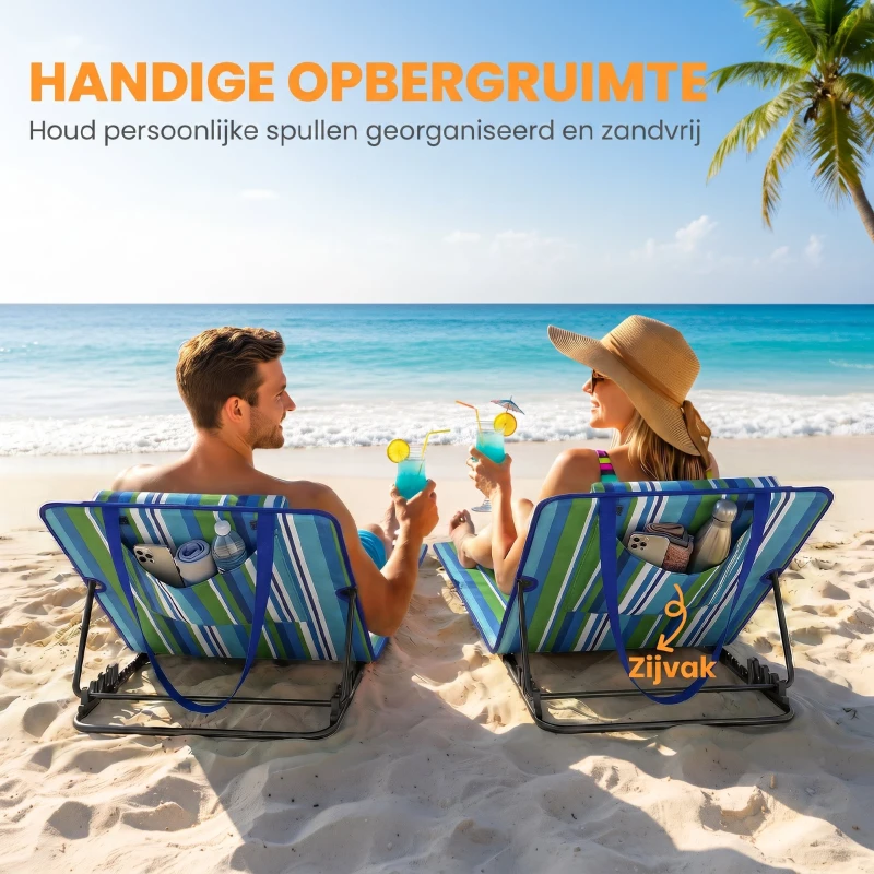 Outsunny 2-delige set strandligstoel met verstelbare rugleuning, lichtgewicht opvouwbaar met kussen en opbergvak