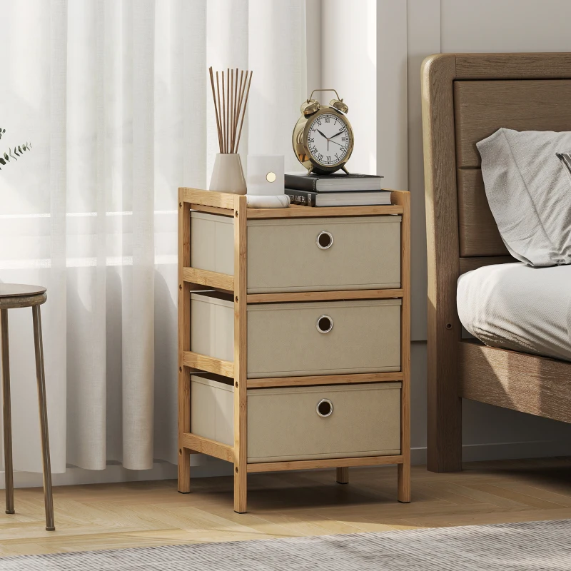 HOMCOM Chest of Drawers, 3 Fabric Drawers Narrow Dresser with Bamboo Frame, Cream White