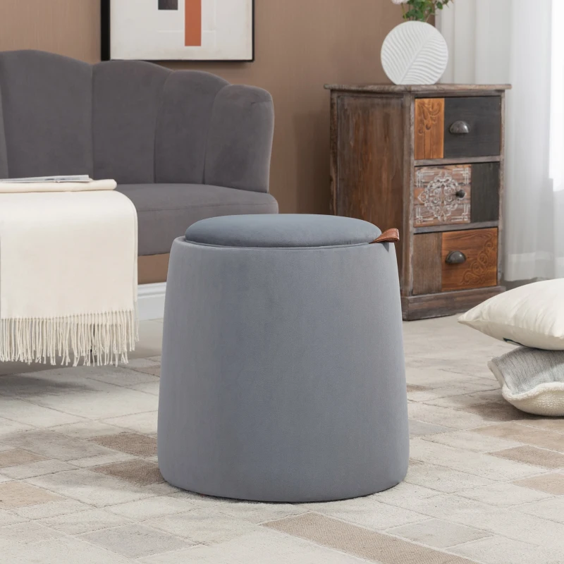 HOMCOM Pouf coffre rangement, pouf repose-pieds en tissu velours givré, couvercle réversible, Ø 44 x 47,5 cm, gris