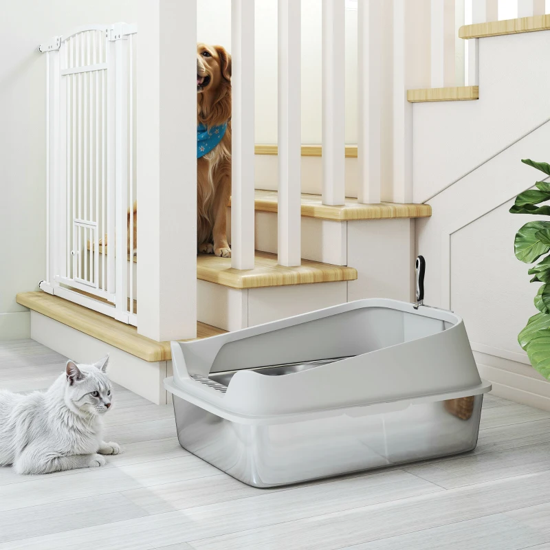 PawHut Katzentoilette Edelstahl Offene Katzenklo mit Schaufel hohem Rand für große Katzen bis 12 kg 69,8 x 50,3 x 29,8 cm Grau