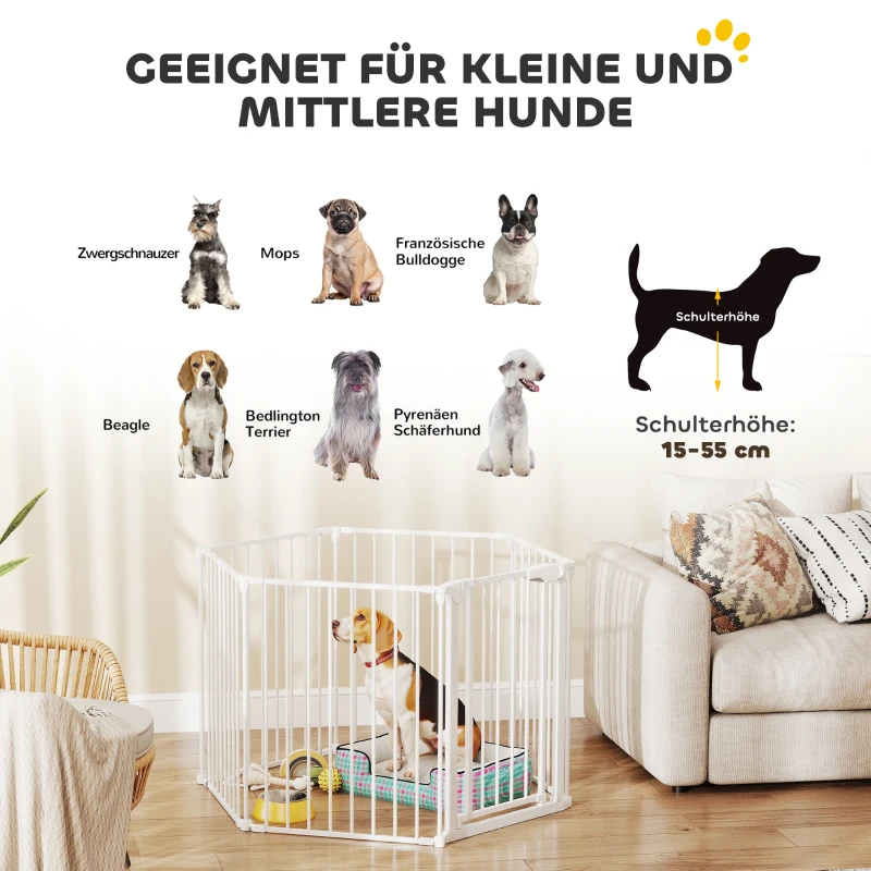 PawHut Haustierzaun, 6-Panel-Barriere mit Tür, faltbar, für kleine & mittelgroße Hunde, Kunststoff, Kohlenstoffstahl, Weiß