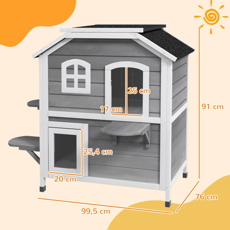 PawHut Katzenhaus aus Holz 2-Etagen Winterfest wasserdicht Katzenhütte mit Asphaltdach klappbarem Deckel Treppe Katzenhöhle Outdoor Schutzhütte für Draußen Garten Balkon 99,5 x 76 x 91 cm Grau