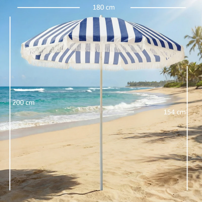 Outsunny Sombrilla de Playa con Flecos Ø180 cm Sombrilla de Terraza Exterior con Altura Ajustable Inclinación 30° Azul y Blanco