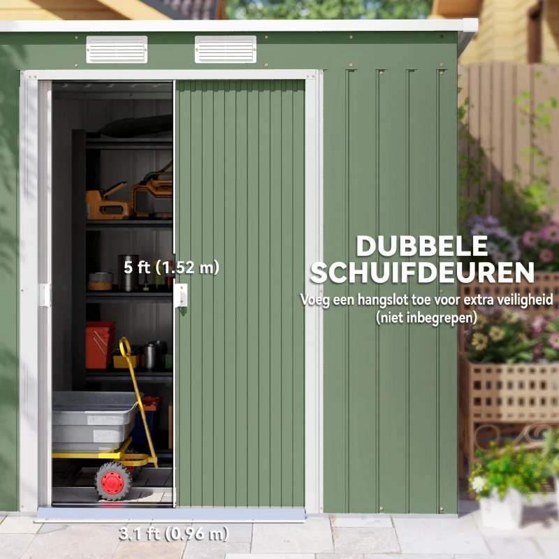 Outsunny Tuinschuur met Ventilatieraampjes, Schuifdeuren, van Gegalvaniseerd Staal, 213 x 130 x 159 cm, Groen