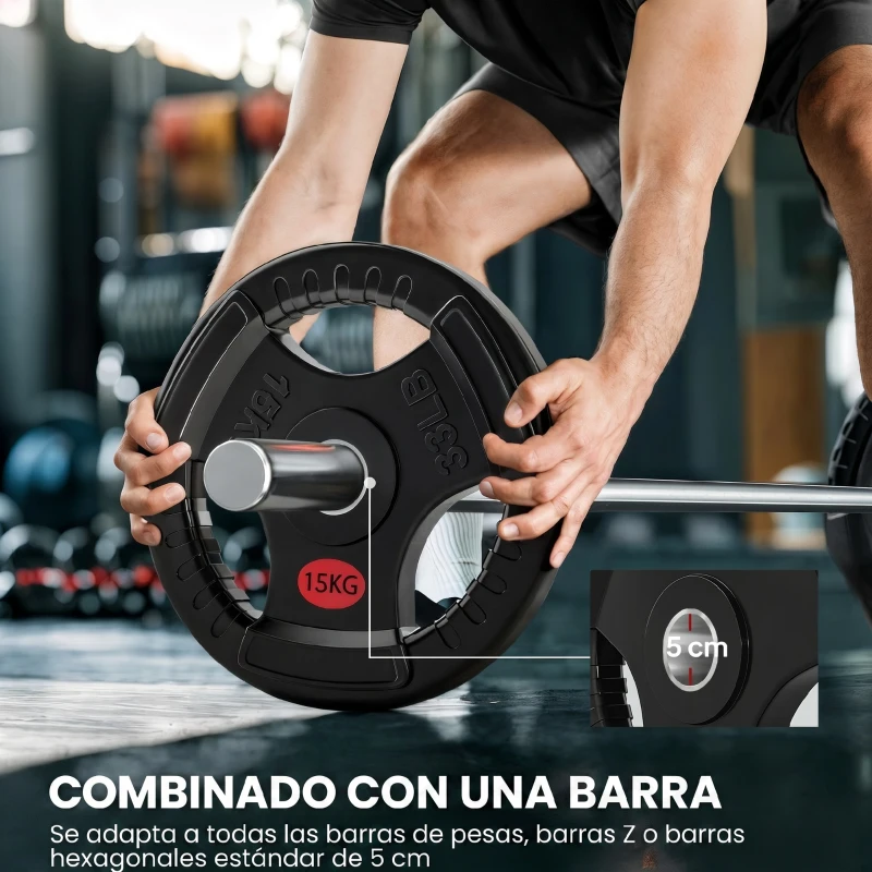 SPORTNOW Discos Pesas Olímpicos Agujero Ø50 mm 2x15 kg con Anillo Interior de Acero Triple Agarre para Mancuernas y Barras Negro