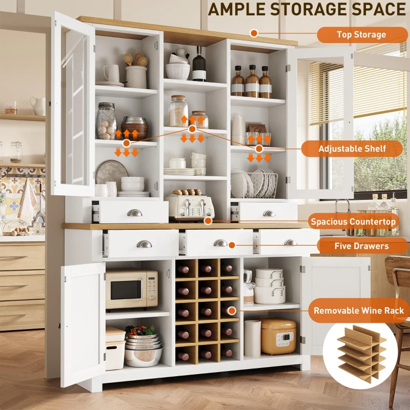 Kitchen Pantry Cabinet with Wine Rack and Adjustable Shelves, Glass-Door Buffet Sideboard with 5 Deep Drawers, 120L x 40W x 185H cm, White