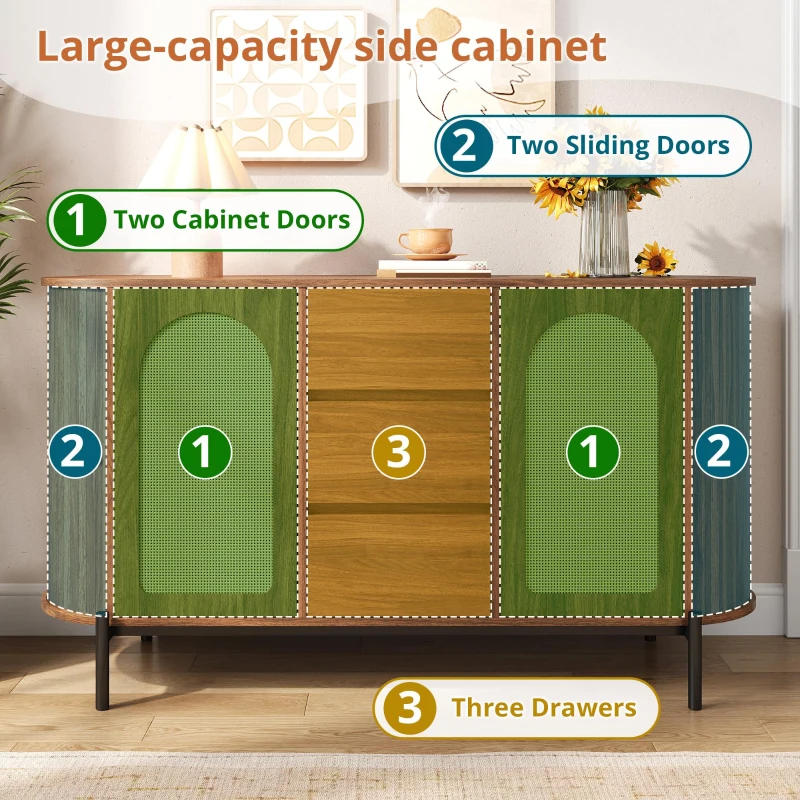 Spacious Sideboard with 3 Drawers and Adjustable Shelves, Stylish Cabinet for Living Room or Entryway, 140L x 38W x 77.5H cm, Walnut