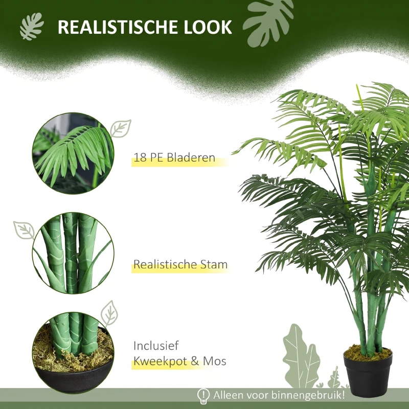 Outsunny Kunstpalm 125cm Groot kunstplant met 18 palmbladeren in pot voor woonkamer balkon