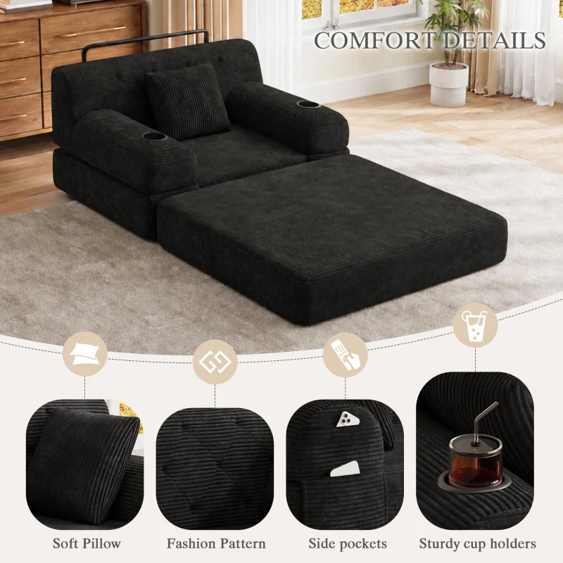 1-Seater Sleeper Sofa with Metal Frame and High-Density Foam, Single Convertible Chair Bed for Cosy Interiors, 107L x 80W x 81H cm, Black