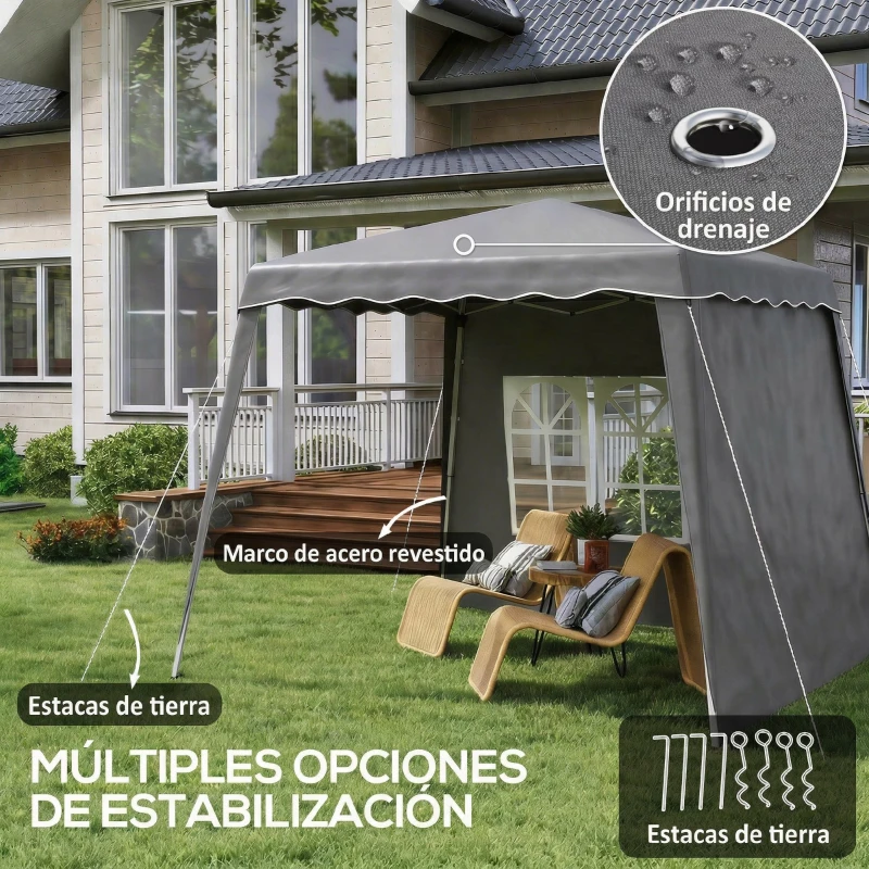 Outsunny Carpa Plegable Pop-up 2,89x2,89m Cenador Pabellón de Jardín con Paredes Laterales Altura Ajustable Protección UV50+ Gris