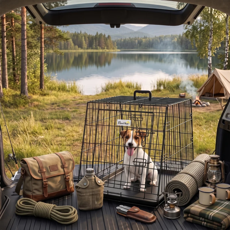 PawHut 30"(76 cm) Car Dog Crate Collapsible Slanted Travel Small Dog Cage with Tray & Handle 76L x 48W x 53H cm