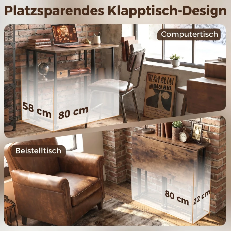 HOMCOM Klappbarer Schreibtisch mit Ablagefach, 80 cm Klapptisch für kleine Räume, Büro, Rustikales Braun