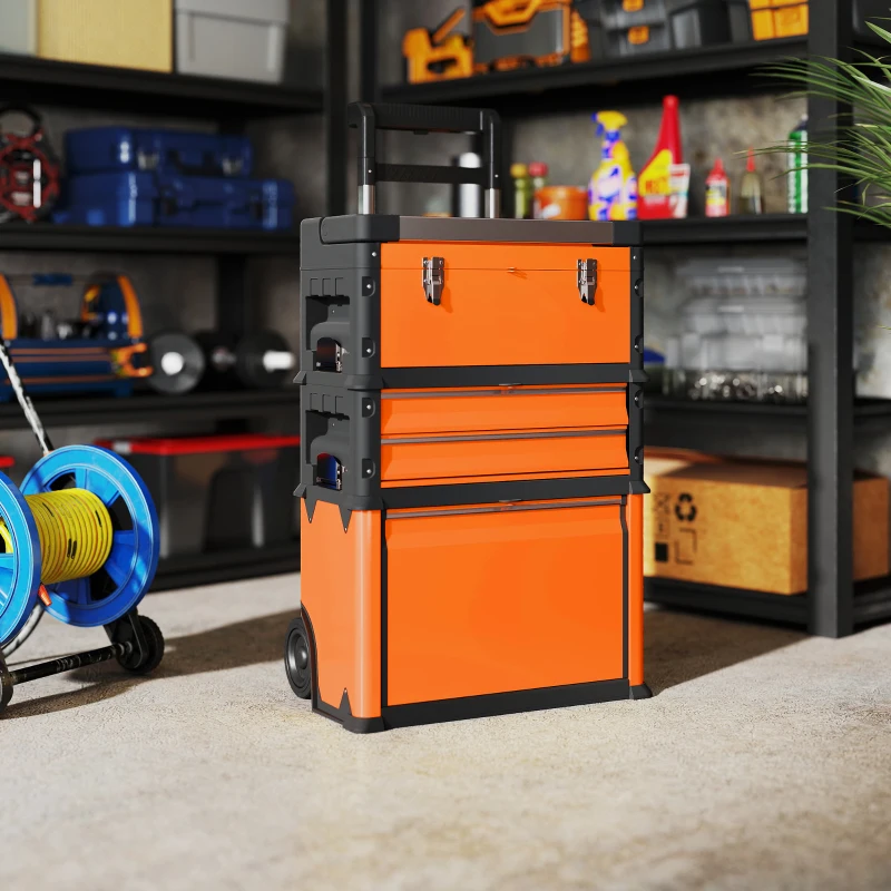 HOMCOM Caja de Herramientas con Ruedas Apilable Carro de Herramientas de Acero con Bandeja Mango Telescópico Naranja y Negro