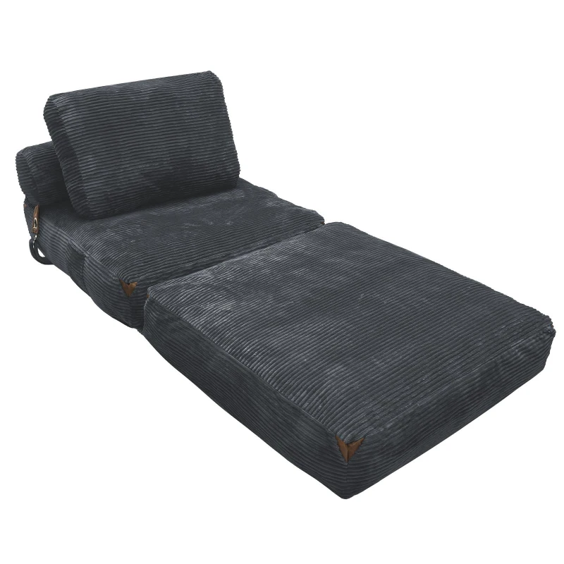3-in-1 Convertible Corduroy Floor Sofa Bed with Side Pockets, Oversized Chaise Lounge for Bedrooms or Student Dorms, 87L x 86W x 40H cm, Gray