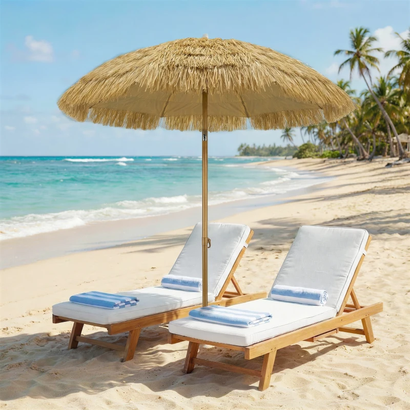 Outsunny Sombrilla de Playa con Flecos de Paja Ø178 cm con Inclinación Altura Ajustable UV50+ Bolsa de Transporte Marrón Claro